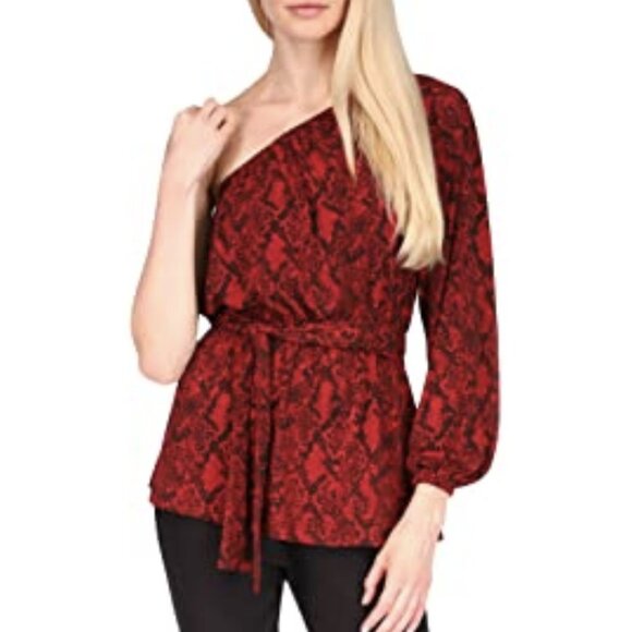 NWT MICHAEL Michael Kors Python Eco Matte Jersey One Shoulder Belted Top - Picture 2 of 2